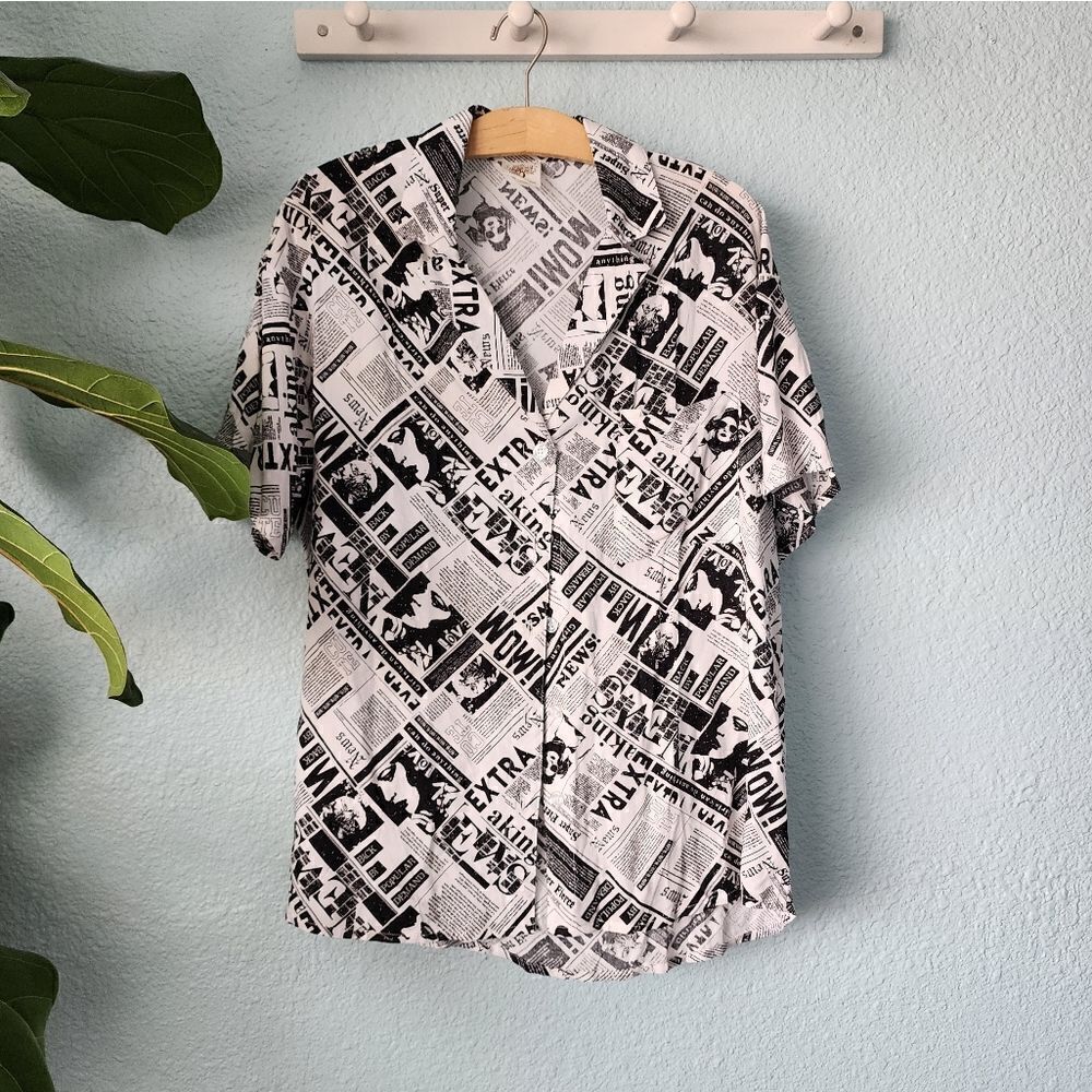 Self esteem novelty newspaper button down shirt blouse